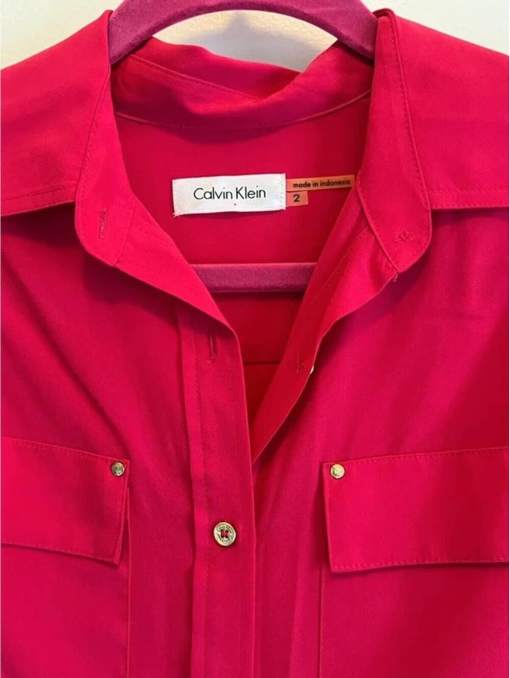 Calvin Klein Raspberry Pink Belted Shirt Dress Size 2 - Picture 3 of 5